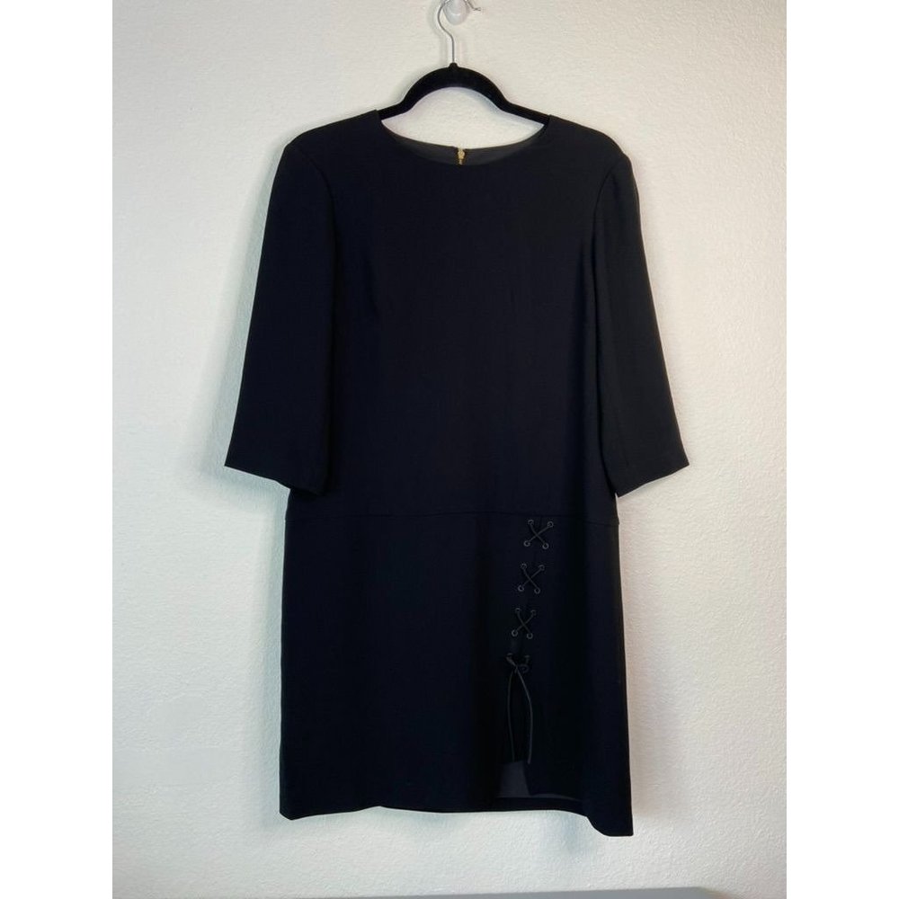 Tibi New york women's 8 black 3/4 sleeve black lace up slit shift mini dress
